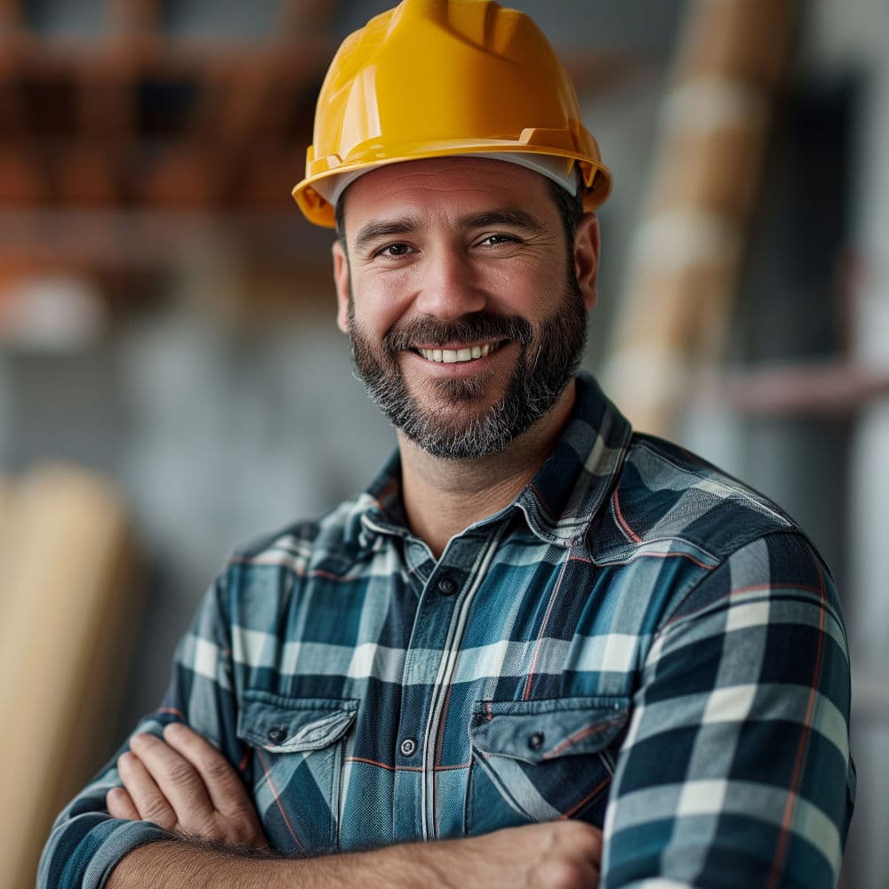 Portrait of a general contractor inside a halfway finished home remodel in yellow safety hat.